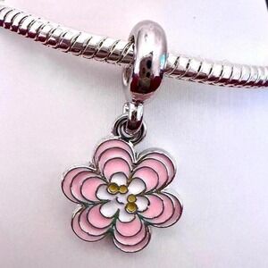 Silver Pink Flower Dangle Charm Fits Snake Chain Bracelet